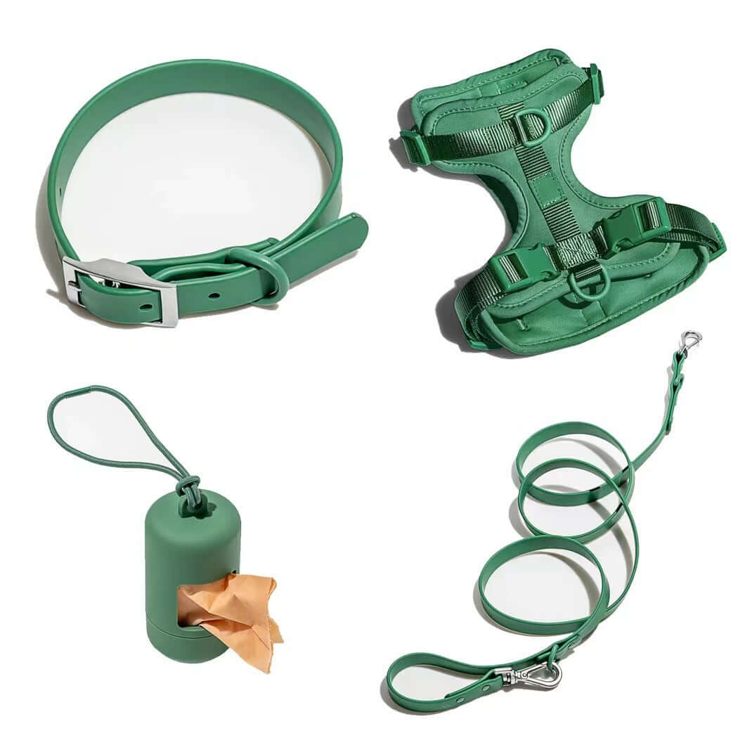 Ensemble de harnais vert, laisse, collier et distributeur de sacs pour chien en PVC adapté aux animaux.