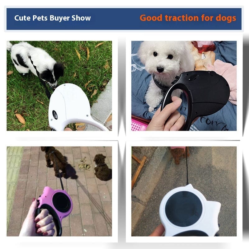Photos of the retractable leash in use with different dogs showcasing good traction and comfort for walking.