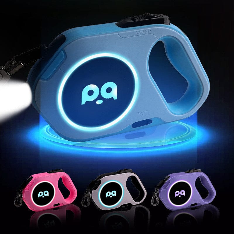 Laisse à chien rétractable LED disponible en bleu ciel, rose et violet pour des promenades nocturnes en sécurité.