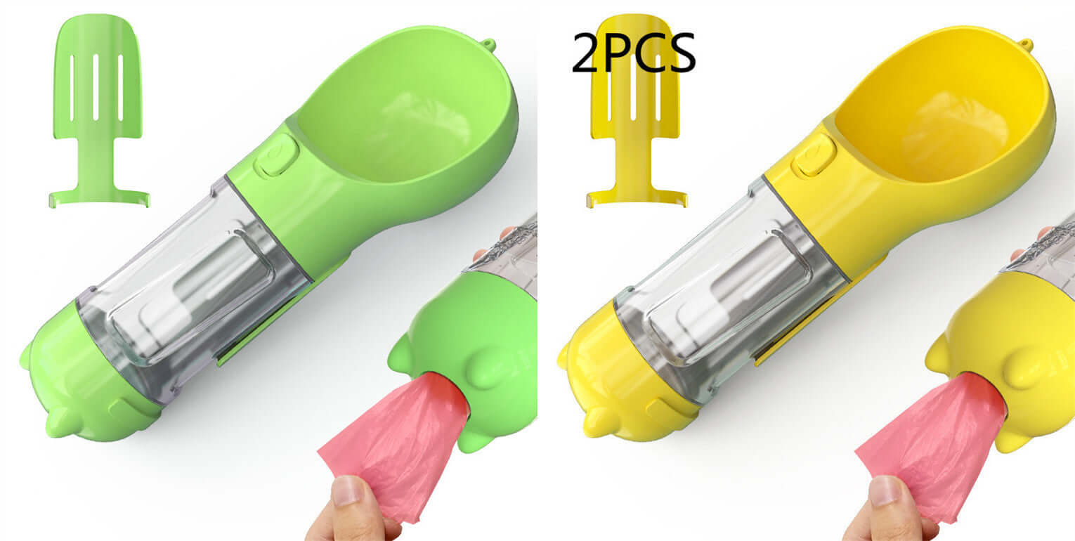 Bouteille d'eau portable pour animaux 3 en 1, disponible en vert et jaune, facile à transporter lors des promenades.