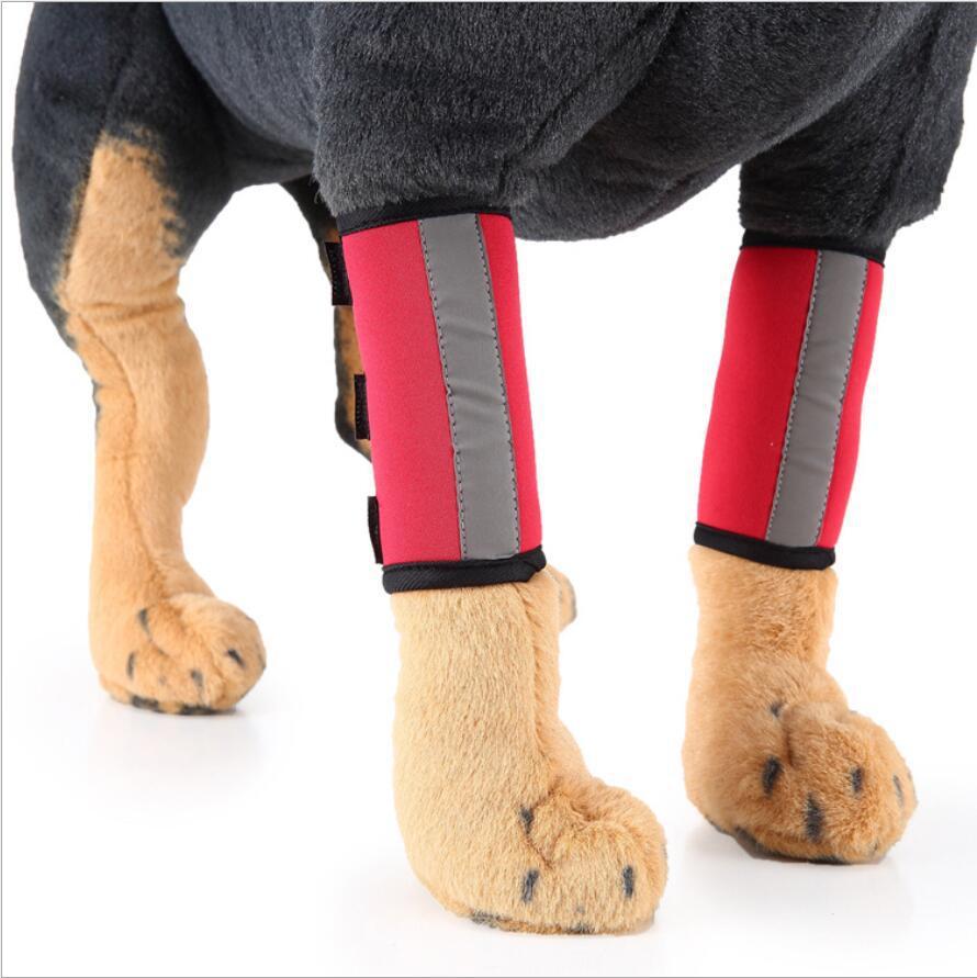 Protection de jambe rouge pour chien, accessoire de sécurité pour pattes avec bandes réfléchissantes.