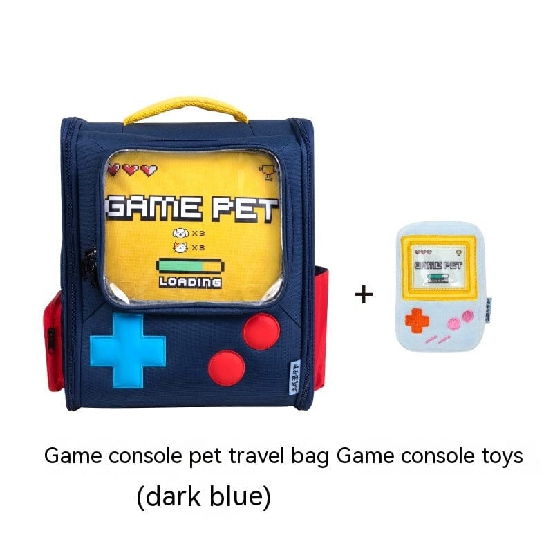 Sac à dos pour animaux de compagnie en bleu, style console de jeu, avec jouet inclus.