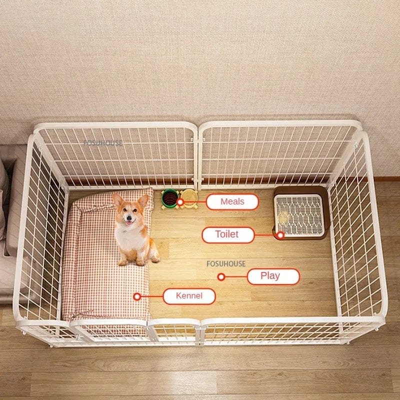 Clôture pour chien avec espace pour repas, toilettage, et jeu, idéale pour animaux de compagnie comme les Corgis.