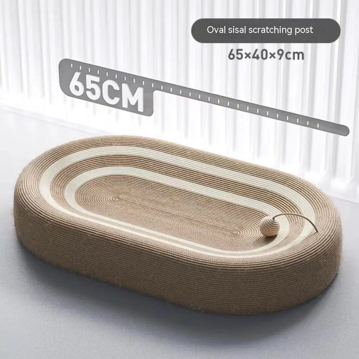 Planche à gratter oval en sisal pour chat, dimensions 65x40x9cm, idéale pour le bien-être félin.
