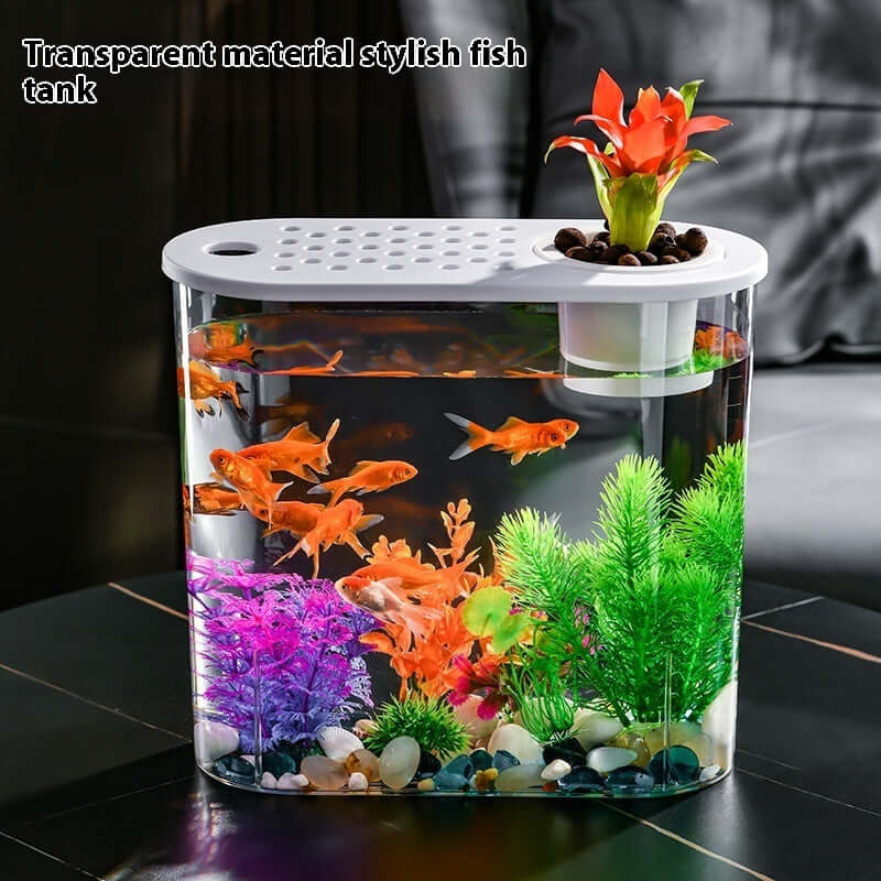 Transparent eco-friendly aquarium incubator for fish with colorful decor and plants.