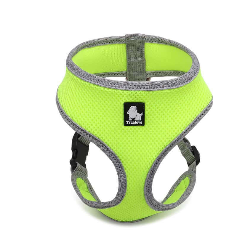 Harnais respirant pour chien en mesh vert fluo, idéal pour le confort et la sécurité des petits et moyens chiens.
