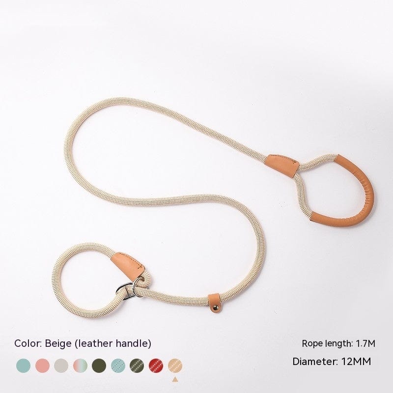 Laisse en nylon tressé beige pour chiens, longueur 1.7M, avec poignée en cuir. Parfaite pour toutes tailles de chiens.