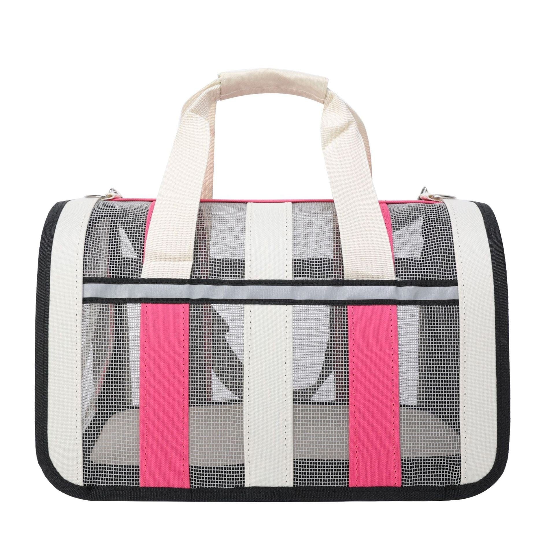 Sac à dos pour chat portable avec rayures roses et blanches, idéal pour les déplacements en extérieur.