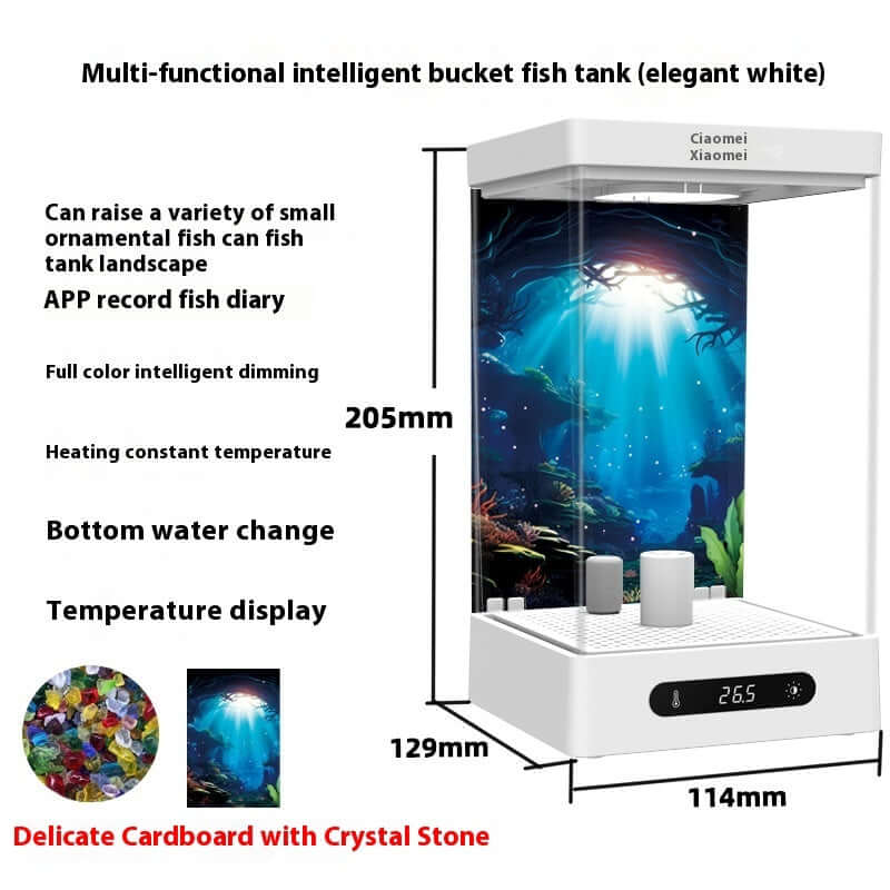 Réservoir à poissons intelligent avec écran, chauffage et fonction d'économie d'eau, en blanc élégant.