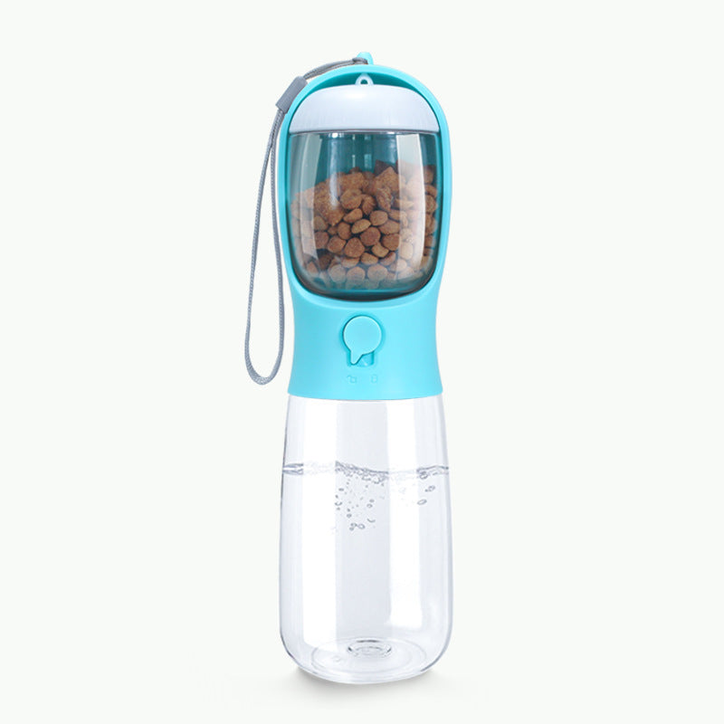 Gobelet portable pour animaux de compagnie, avec compartiment pour nourriture et eau, idéal pour balades et voyages.