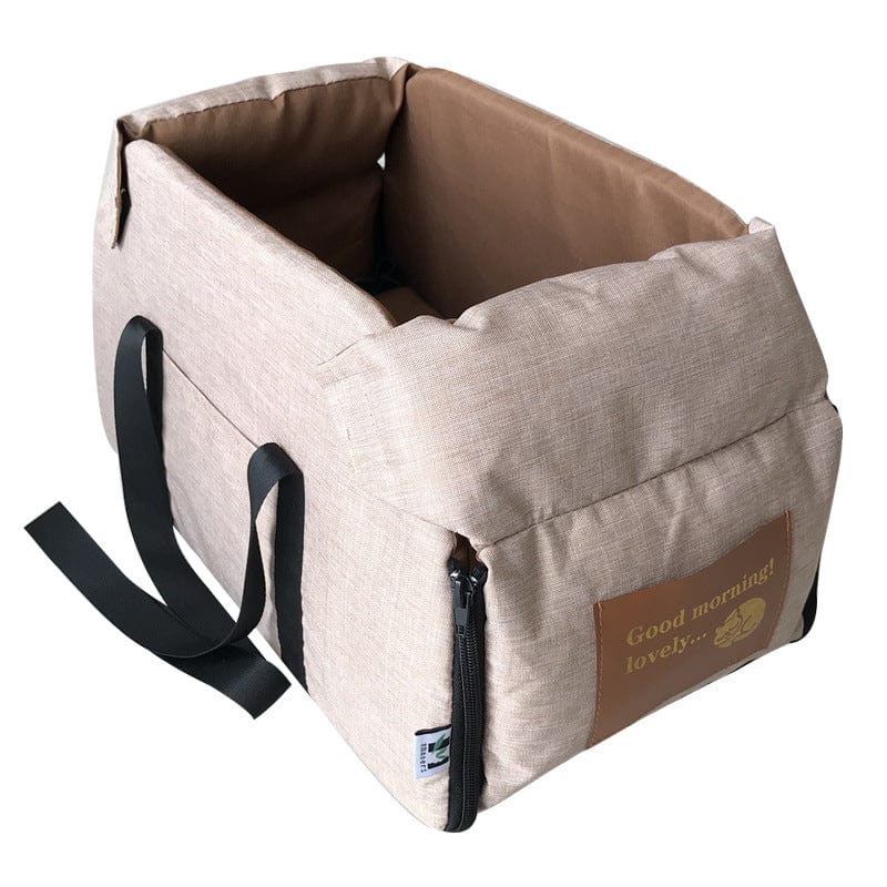 Sac à dos pliable pour animaux, conçu pour le confort lors des déplacements, avec un design élégant en tissu beige.