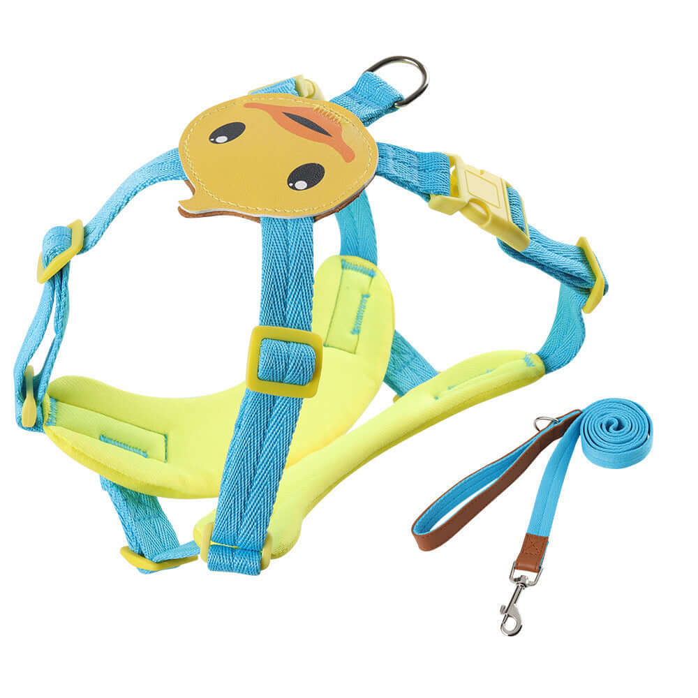 Harnais pour petit chien en polyester jaune et bleu avec laisse assortie, parfait pour les promenades. Design amusant et confortable.