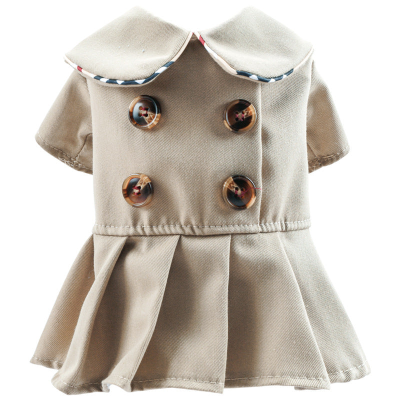 Manteau trench khaki pour animaux de compagnie avec col et boutons, style élégant et confortable.
