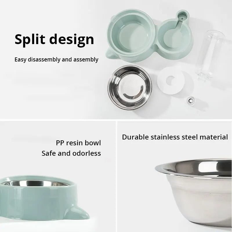 Distributeur automatique d'eau et nourriture pour animaux, design séparé, matériaux durables et faciles à assembler.