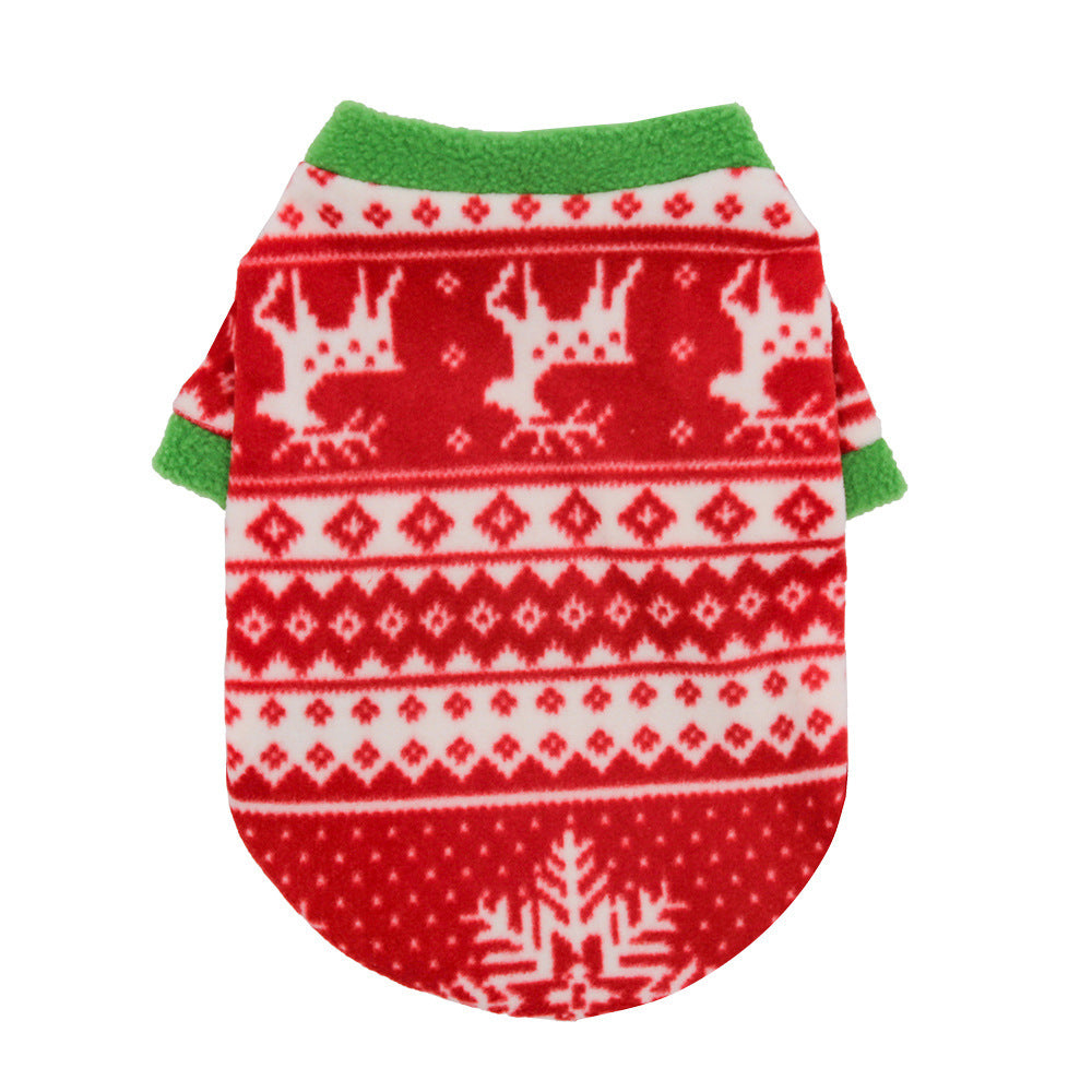 Vêtements pour chiens de Noël en polaire chaude avec motifs festifs rouges et verts.