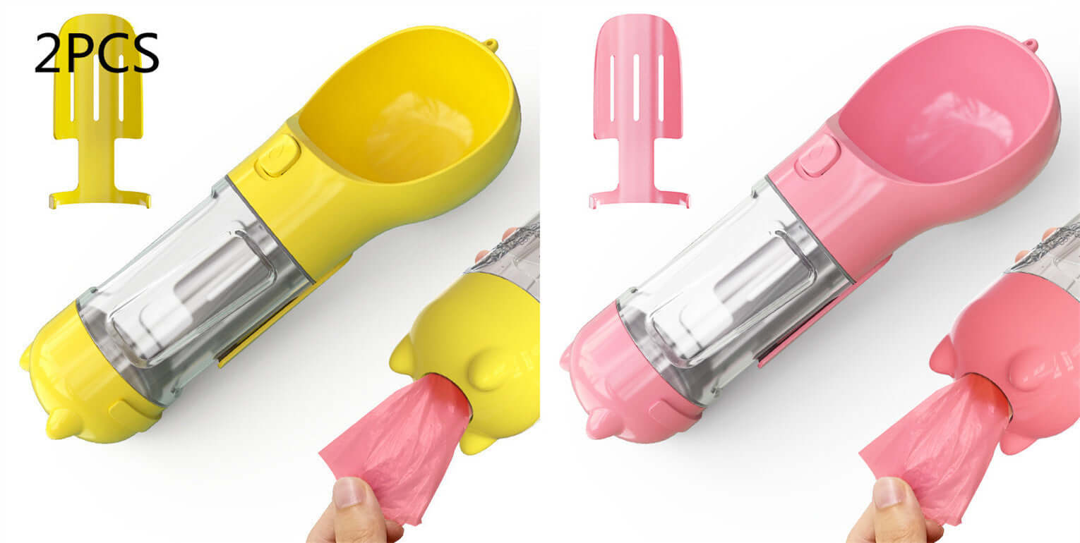 Bouteilles d'eau portable pour animaux en jaune et rose, pratique pour les promenades et voyages.