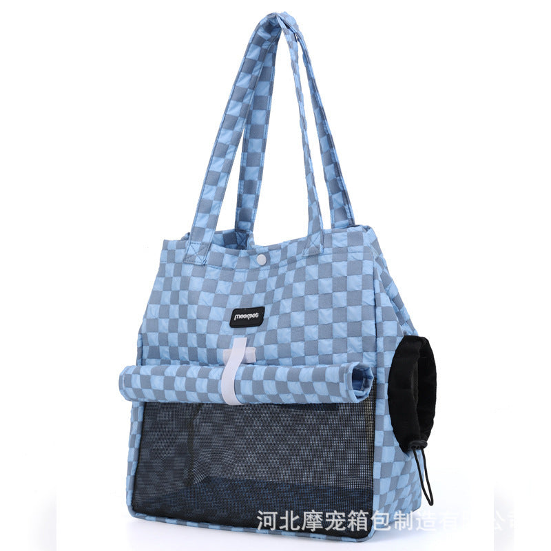 Sac à Dos Portable pour Chat, sac à bandoulière léger à carreaux bleu pour animaux de compagnie.