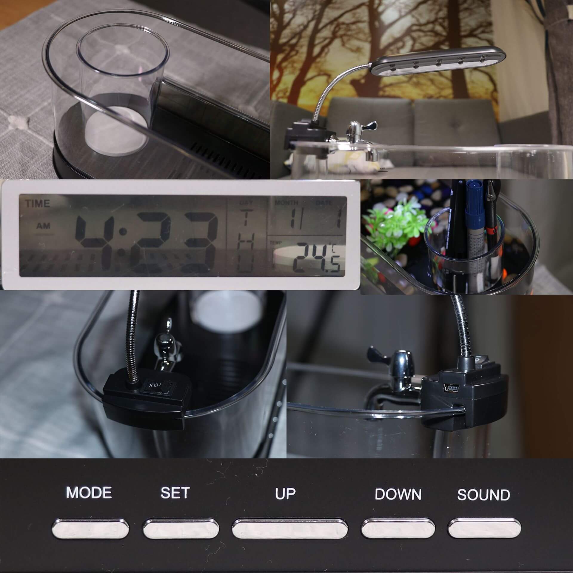 Mini USB aquarium desk feature with clock, alarm, thermometer, and stylish design for a functional workspace.