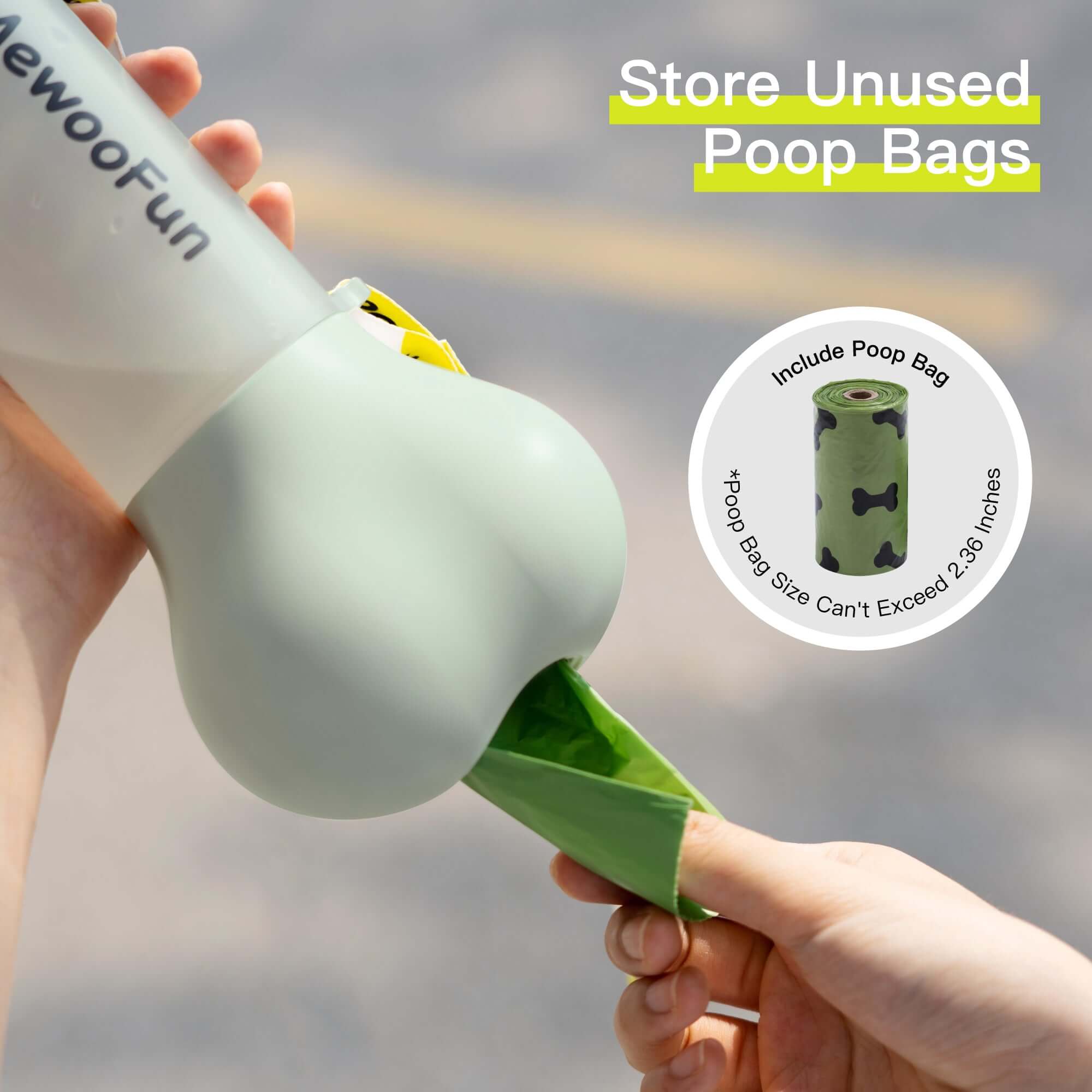 Mewoofun 2-in-1 dog water bottle with a compartment for storing unused poop bags, ideal for pet owners.