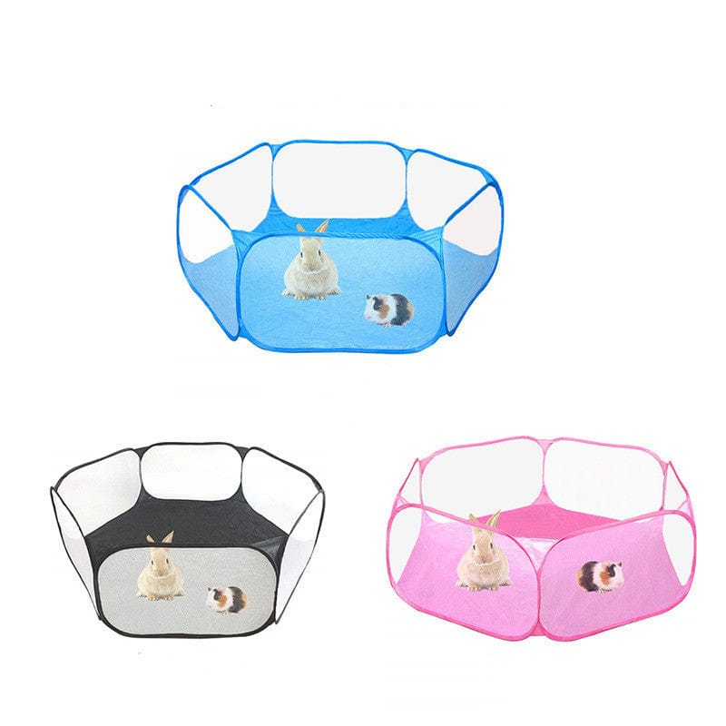 Parc à jeux portable pour petits animaux, disponible en bleu, rose et noir, offrant une ventilation optimale.