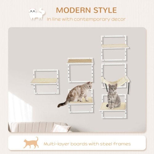 Étagères murales modernes PawHut pour chats, multi-couches avec cadre en métal, décor contemporain.