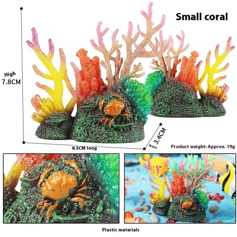 Small coral decoration with colorful branches, ideal for aquariums and educational marine play.