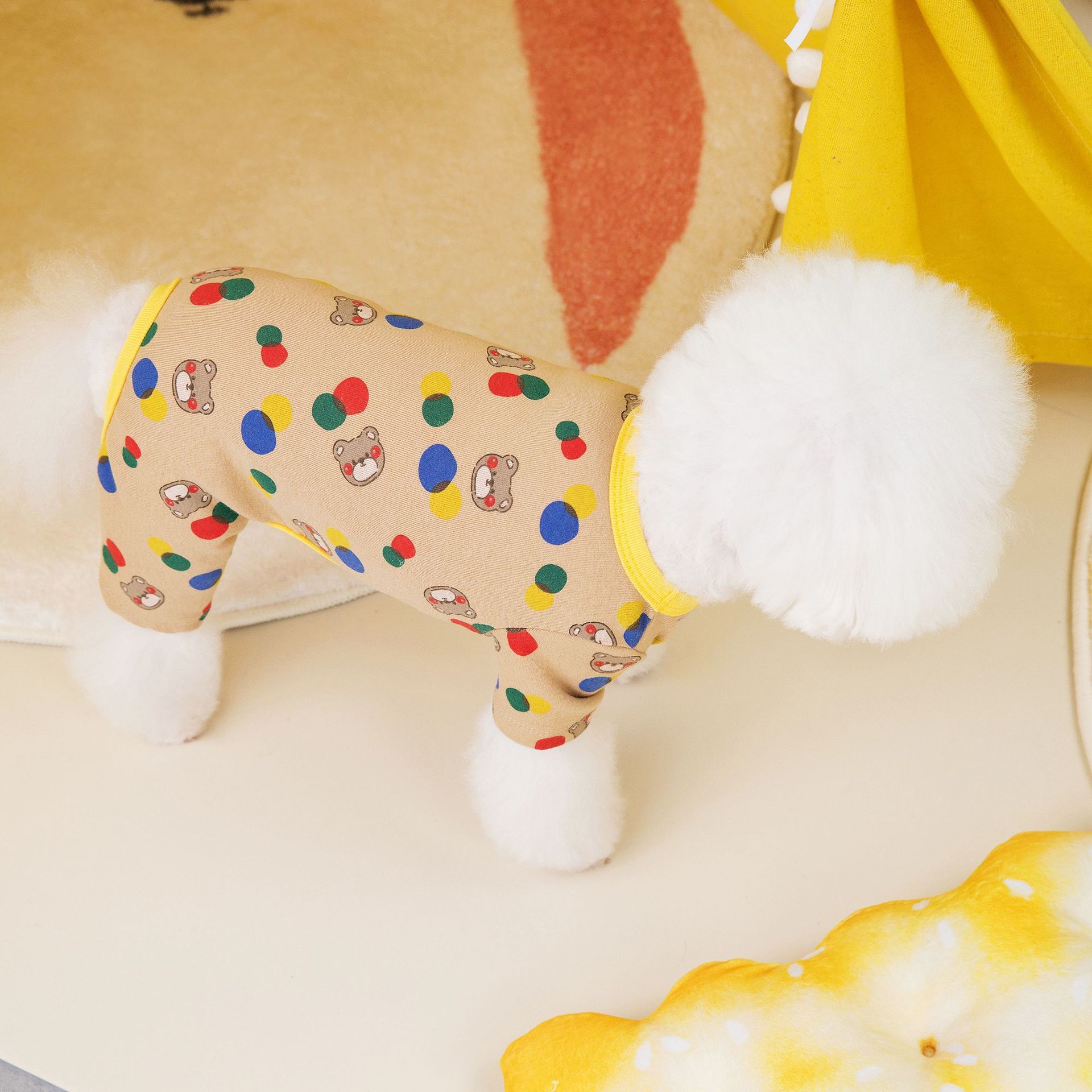 Chien en pull beige à pois colorés, modèle Ballon Ours, confort et style pour animaux.