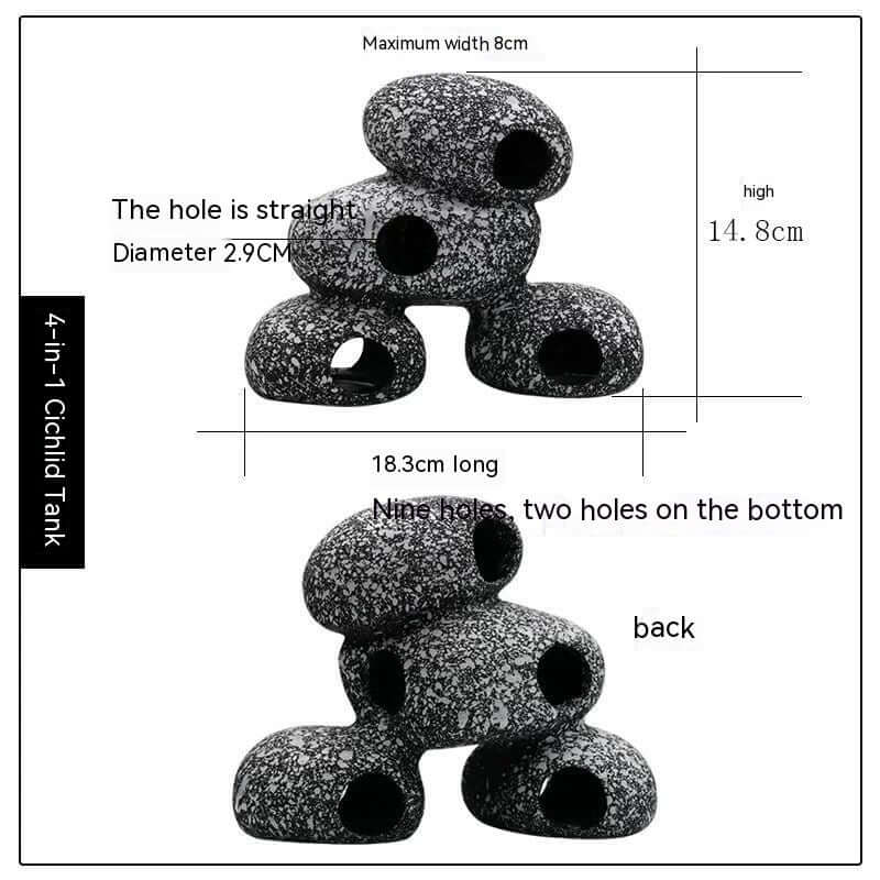 4-in-1 cichlid tank decoration with multiple holes for fish shelter and breeding, measuring 14.8 cm high.
