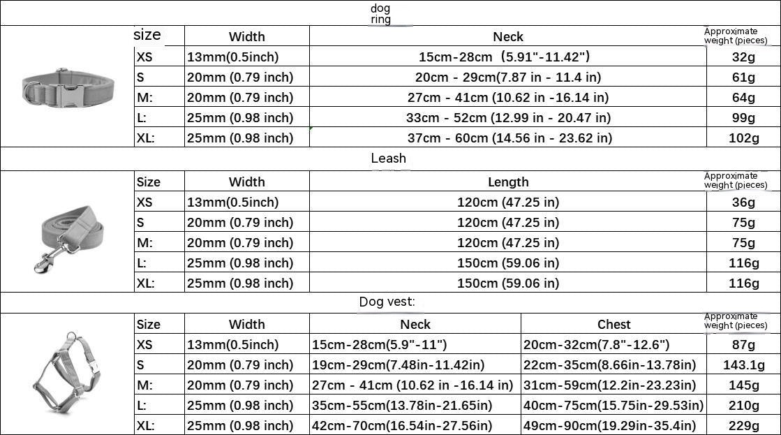 Size chart for dog collar, leash, and vest with dimensions and weights for each size
