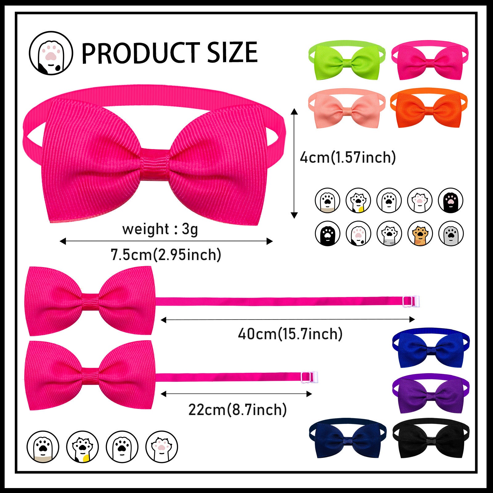 Nœud papillon ajustable pour chiens et chats, disponible en plusieurs couleurs avec dimensions et poids.