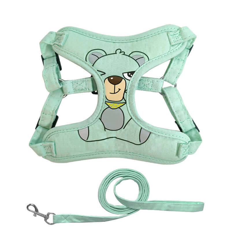 Harnais en suède pour animaux, avec motif d'ours, accompagné d'une laisse assortie, idéal pour les promenades.
