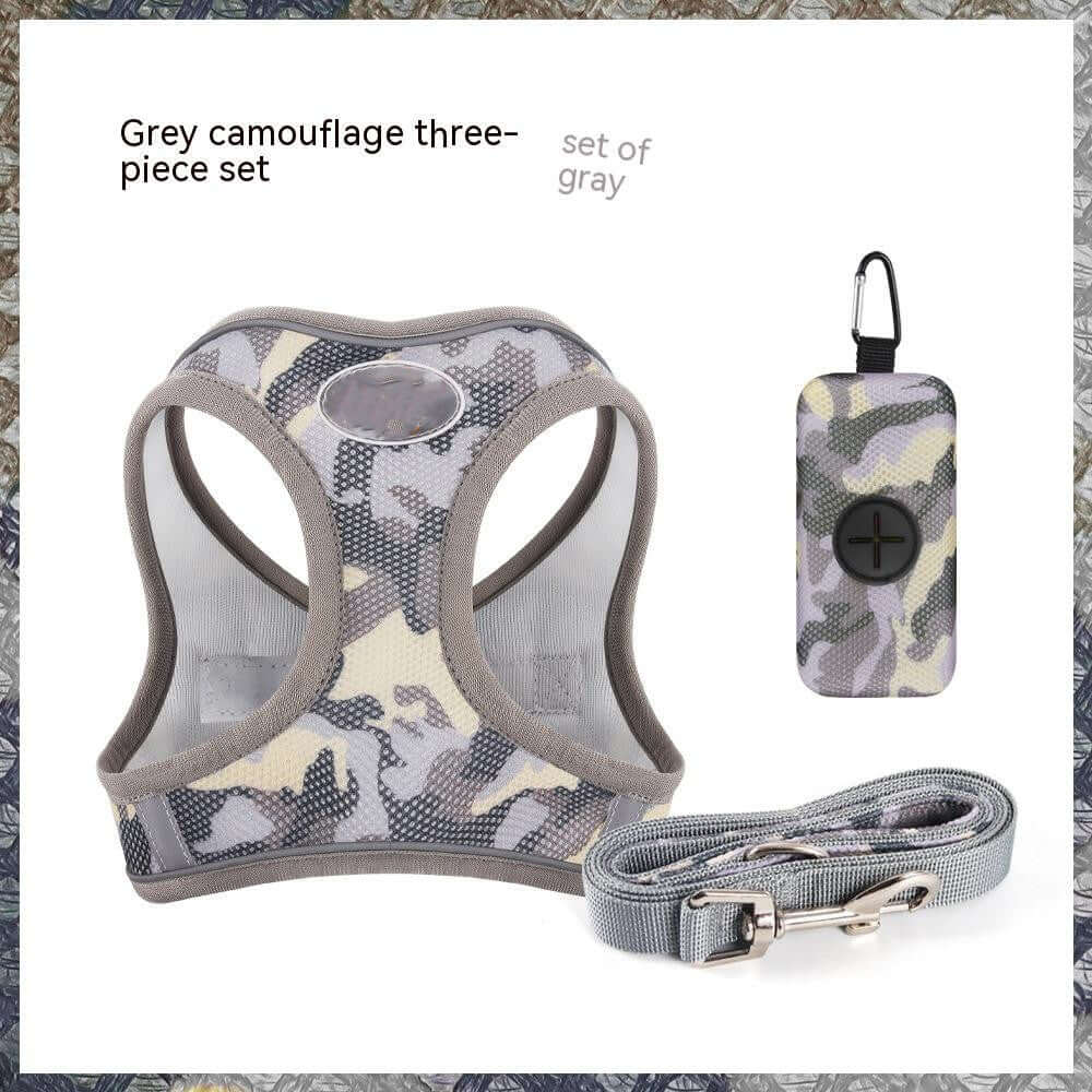 Gilet de poitrine pour chien en camouflage gris avec laisse et accessoire, trois pièces, confort et sécurité