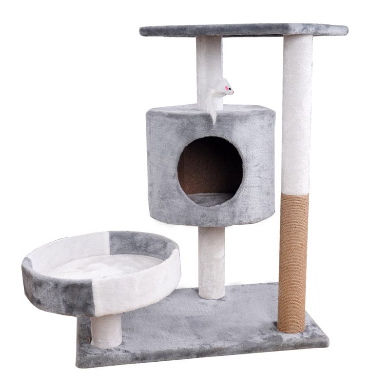 Arbre à chats Lepet en peluche grise, idéal pour les jeux et le repos des félins, avec griffoir intégré.