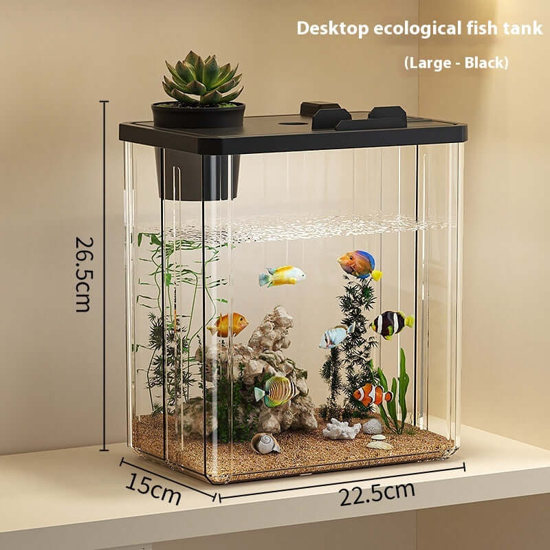 Aquarium de bureau en plastique noir, éco-responsable, avec des poissons colorés et une plante en décoration.