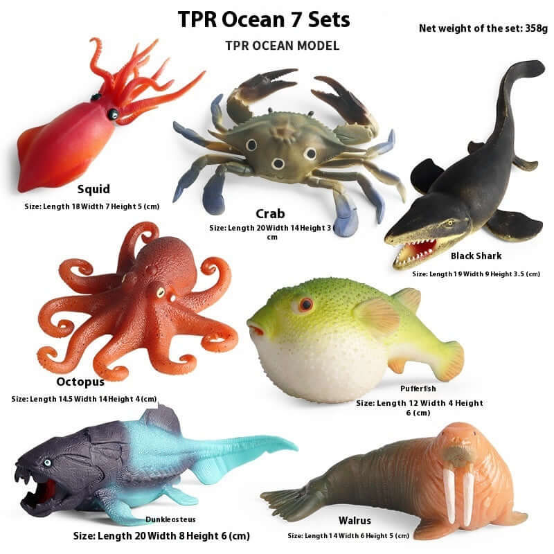TPR Ocean model set featuring squid, crab, black shark, octopus, pufferfish, and walrus toys.