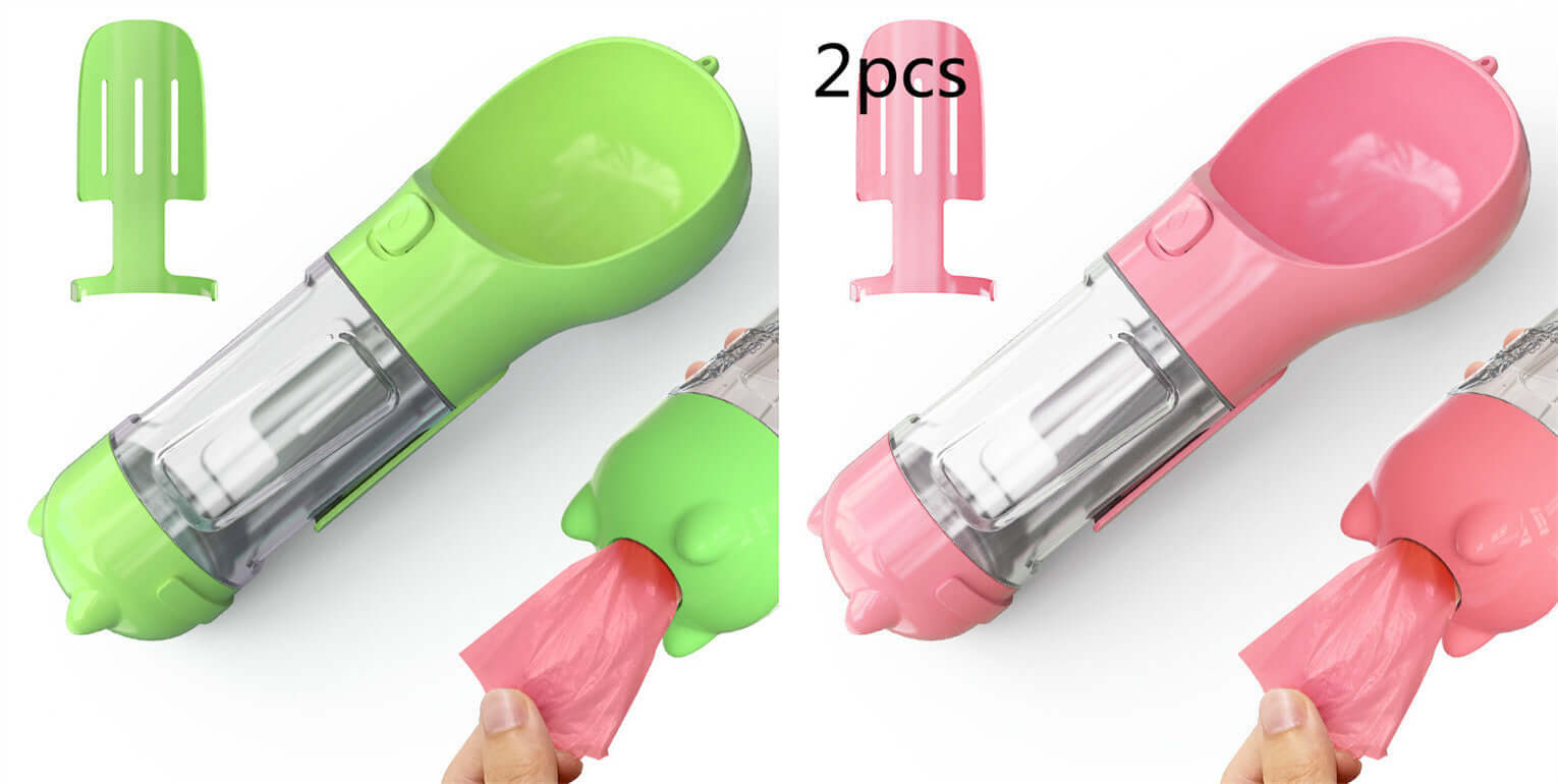 Bouteille d'eau portable 3 en 1 pour animaux en vert et rose, idéale pour balades avec accessoires pratiques.