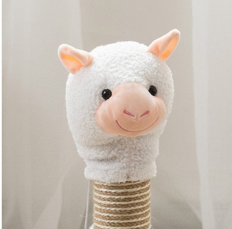 Peluche en forme de tête de mouton pour griffoir, confortable et amusant pour les chats.