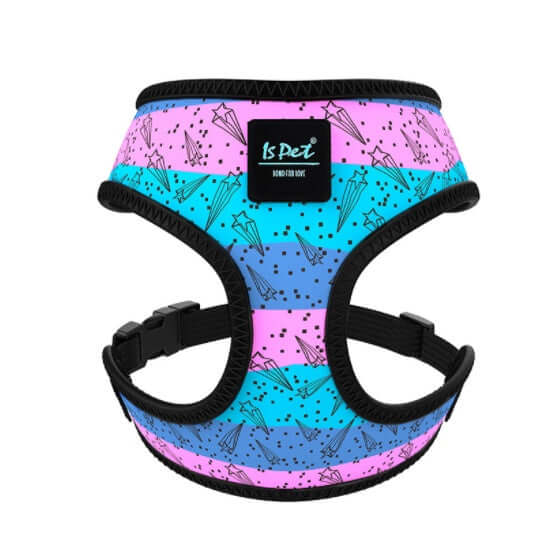 Harnais de sortie en polyester pour chien, couleurs vives, respirant et confortable.