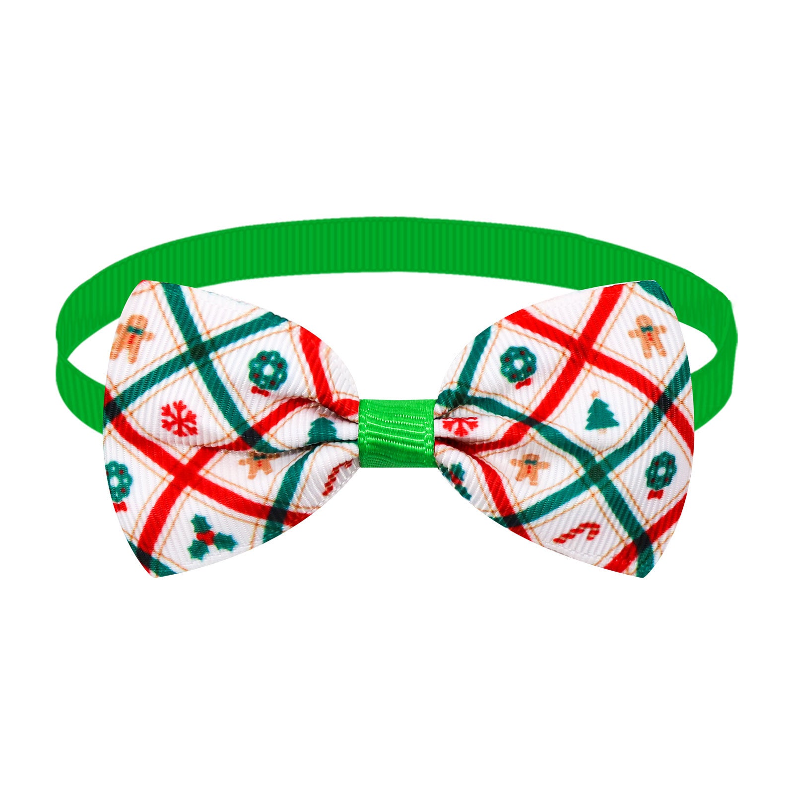Nœud papillon plaid de Noël pour chien et chat, style festif avec motifs de sapins et bonhommes de neige.