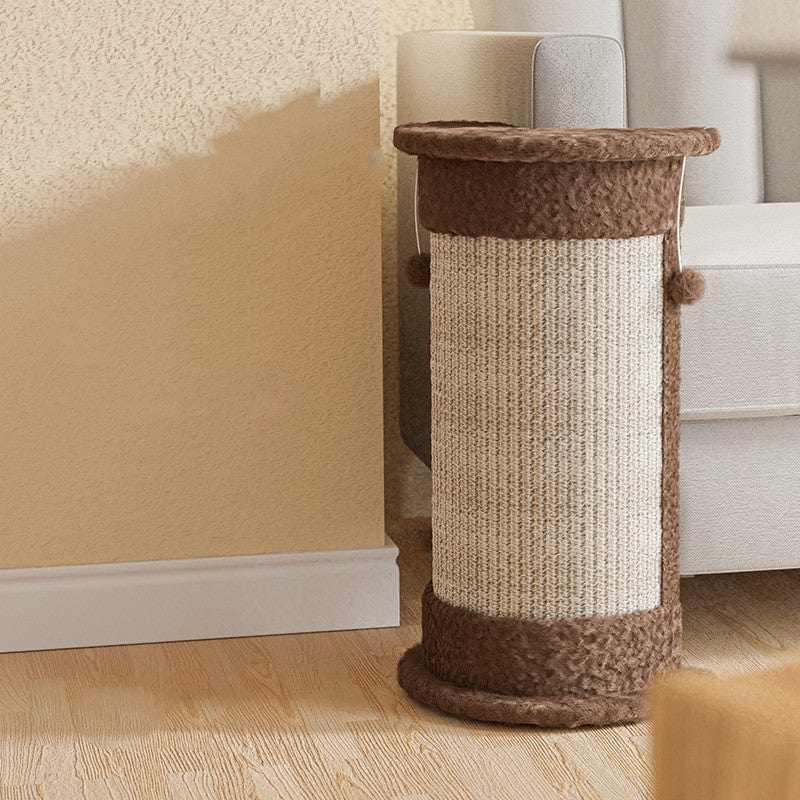 Vertical cat scratching post in a cozy living room, protecting the couch while blending with decor.