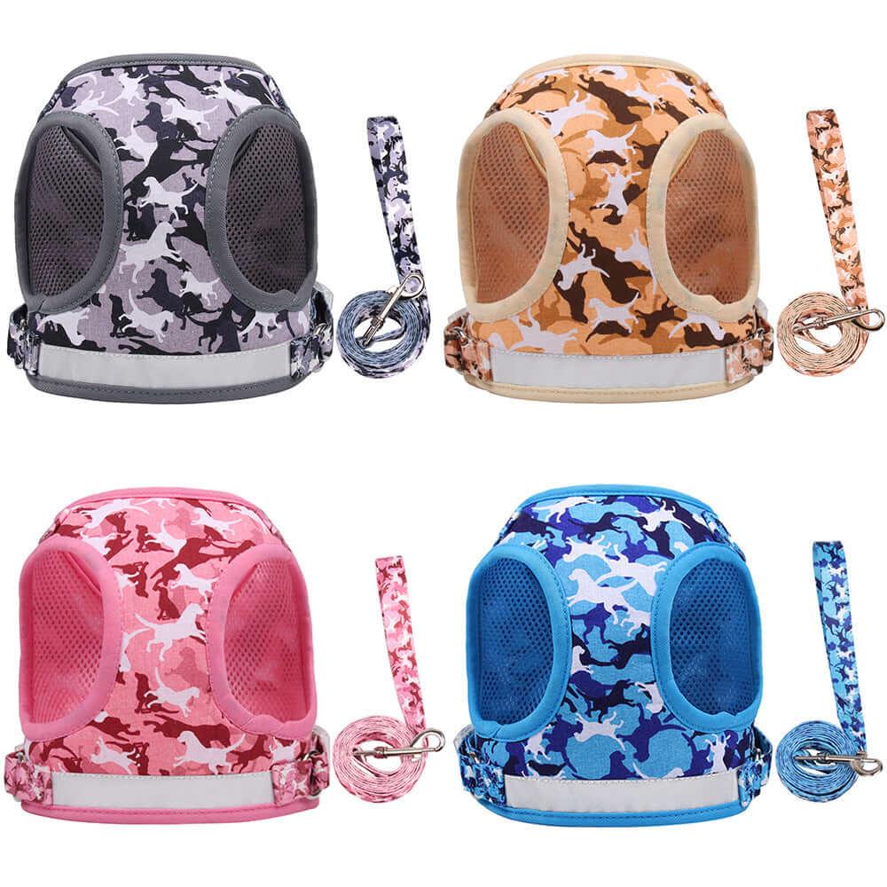 Harnais réfléchissant et respirant pour chats, disponible en plusieurs couleurs avec laisse assortie.