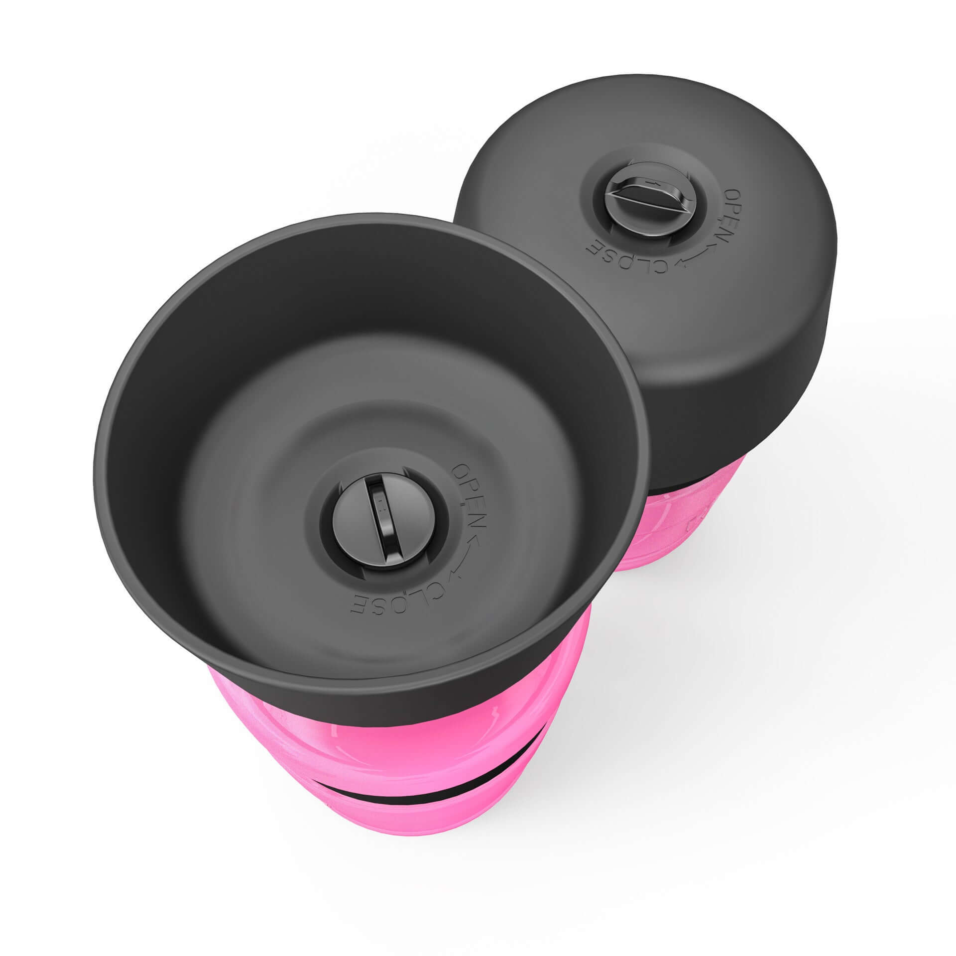 Bouteille d'eau pétillante pour animaux de compagnie en silicone durable, couleur rose, vue en haut.