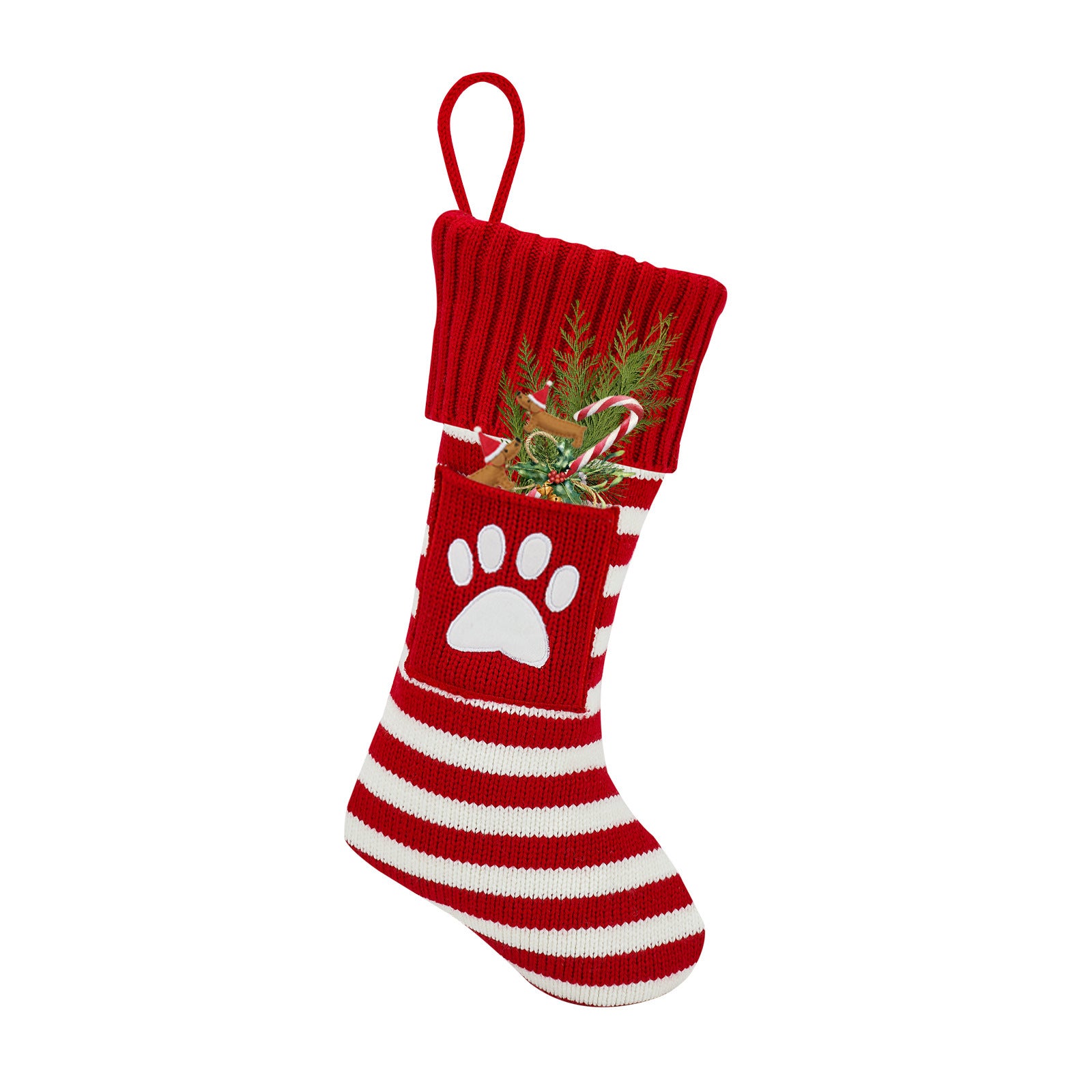 Chaussette de Noël pour animaux rouge et blanche avec motif de patte de chien, décorée pour les fêtes.