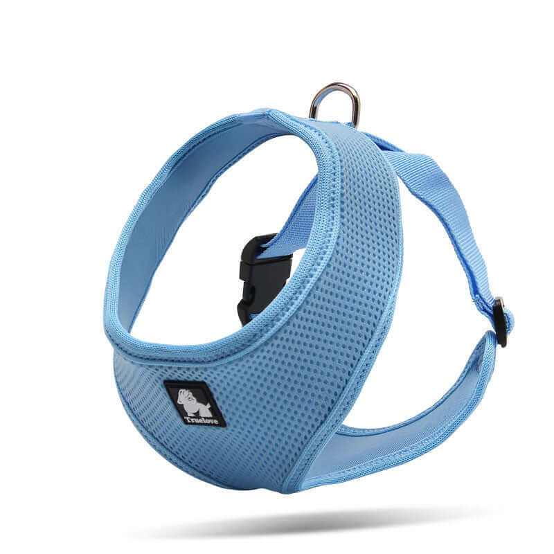 Harnais respirant bleu pour chien, avec boucle en acier, adapté aux petits et moyens chiens, pour promenades sécurisées.