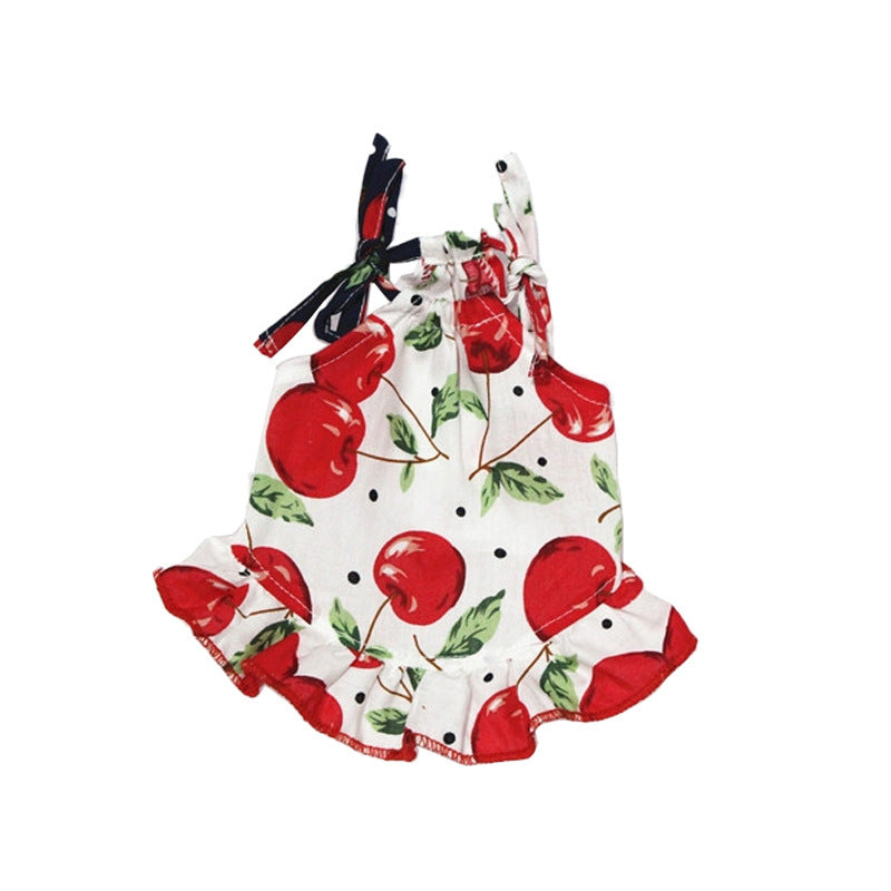 Robe d'été légère pour animaux avec motif cerise et volants, parfaite pour les journées chaudes.