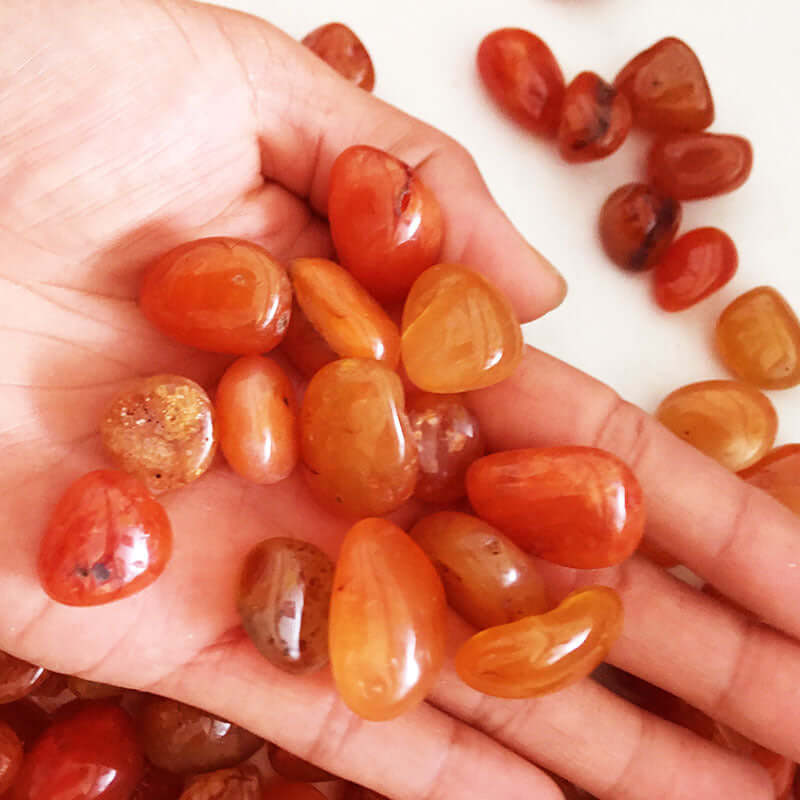 Mains tenant des ornements en cristal de pierre roulée Carnelian Rouge, pierres naturelles brillantes de couleurs rouge et orange.