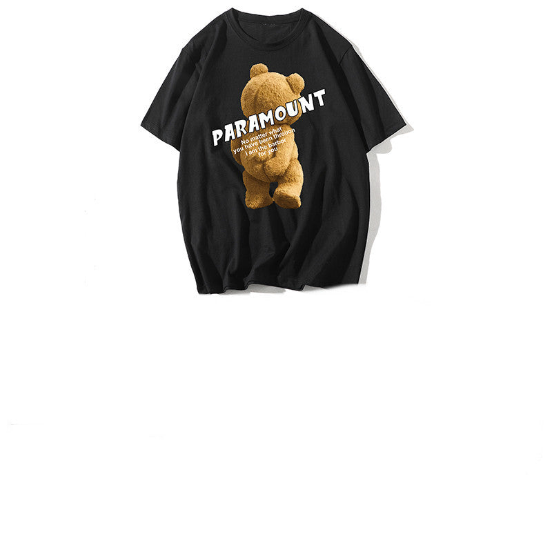 Black T-shirt featuring a bear design, perfect for casual wear for pets and adults, made from comfortable cotton.