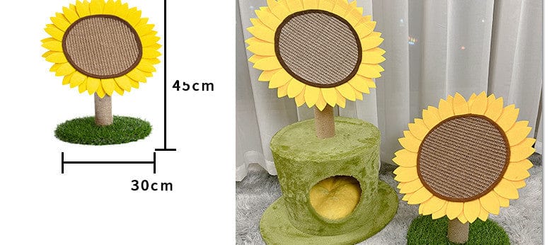 Arbre à gratter vertical en forme de tournesol pour chats, fait de sisal naturel et tissu doux, design coloré.