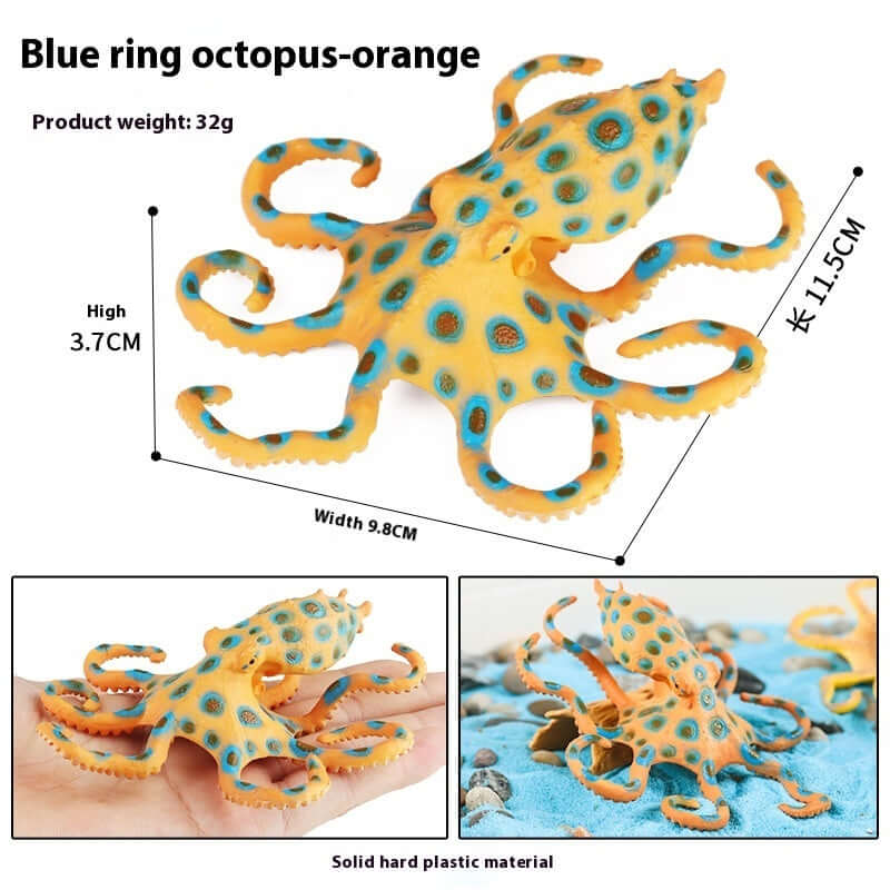 Image of a blue ring octopus toy in orange, made of solid hard plastic, highlighting its vibrant colors and detail.