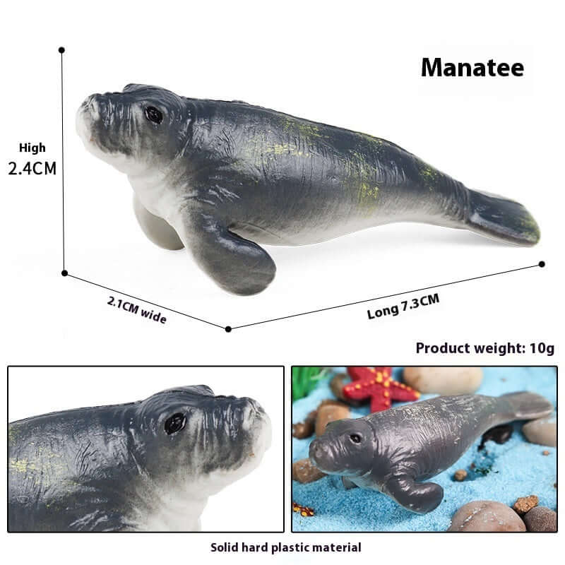 Manatee toy model made of solid hard plastic, dimensions 7.3cm x 2.1cm, educational figure for kids.